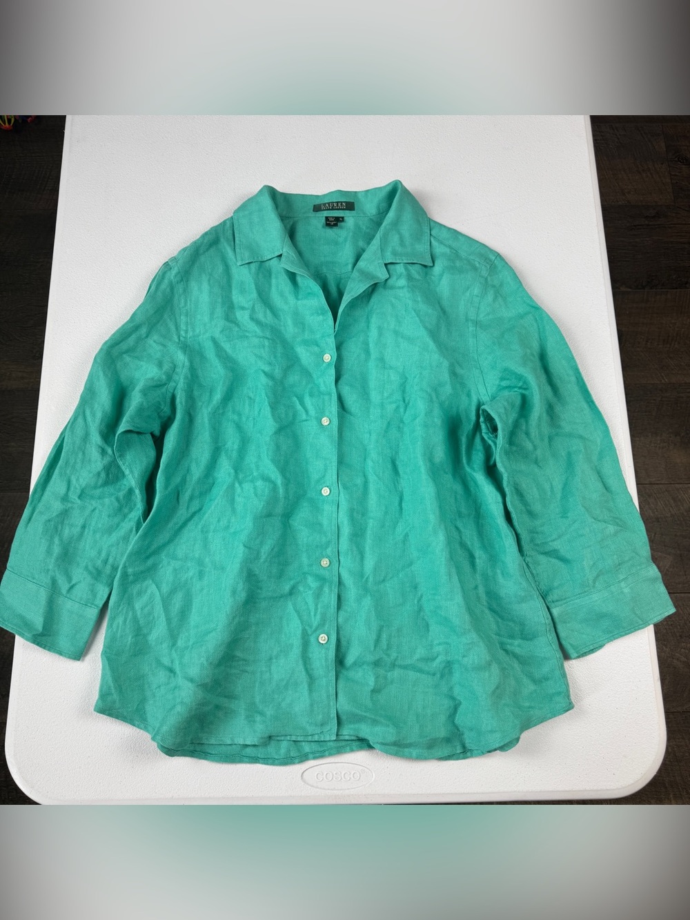 Lauren Ralph Lauren Linen Button Down Top Womens XL Seafoam Green 3/4 Sleeves